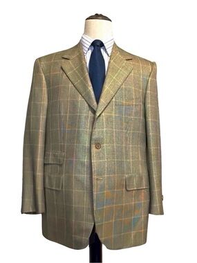 Alan NY Windowpane Sport Coat / Blazer | Tan Plaid | Wool | 44L| Classic Jacket